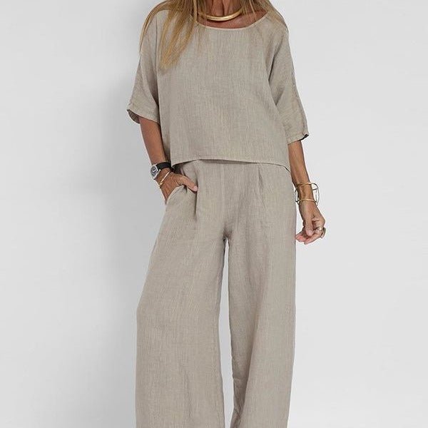 Damen Entspanntes Zweiteiliges Leinenset Top Hose - Light Gray