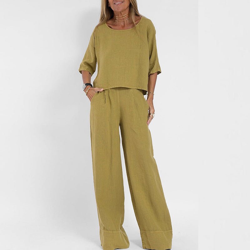 Damen Entspanntes Zweiteiliges Leinenset Top Hose - Yellow
