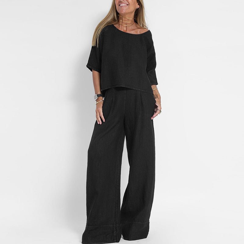 Damen Entspanntes Zweiteiliges Leinenset Top Hose - Black