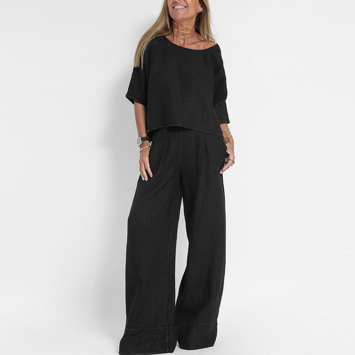 Damen Entspanntes Zweiteiliges Leinenset Top Hose - Black