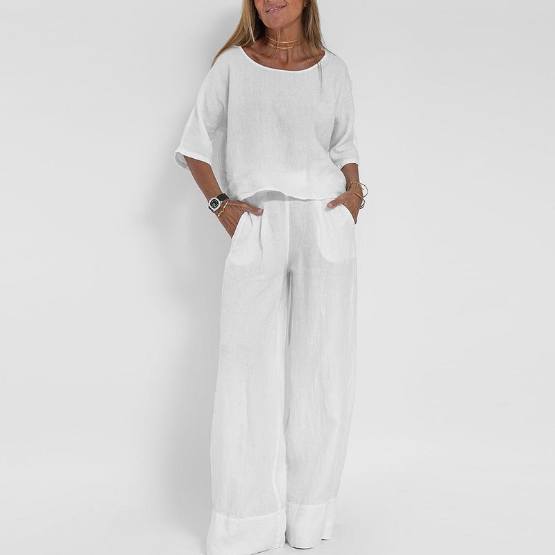 Damen Entspanntes Zweiteiliges Leinenset Top Hose - White
