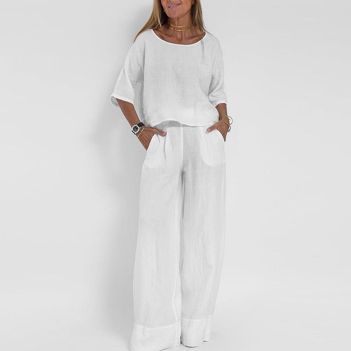Damen Entspanntes Zweiteiliges Leinenset Top Hose - White