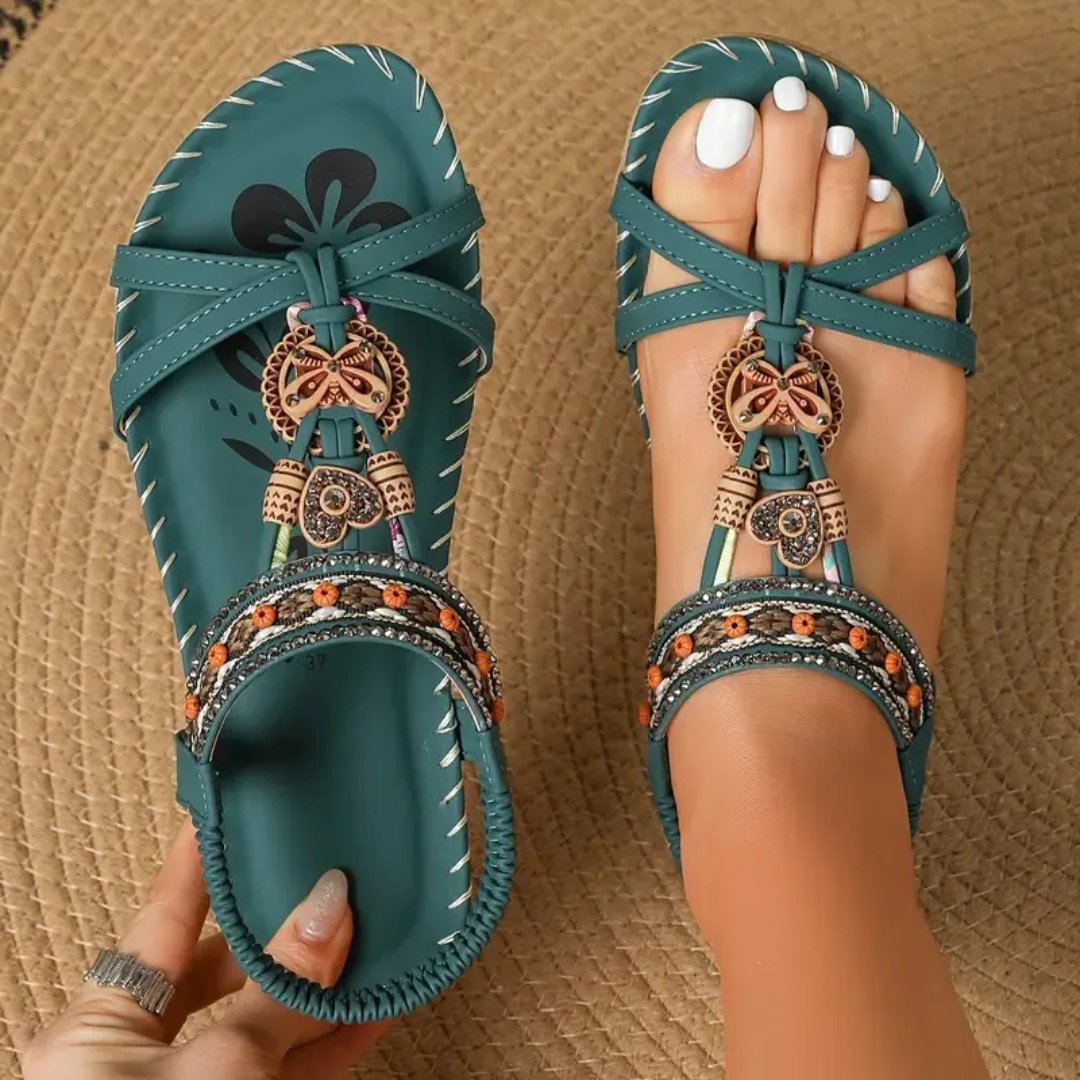 Damen Flache Boho T-Strap Sandalen Perlen Elastischer Fersenriemen - Dark Green
