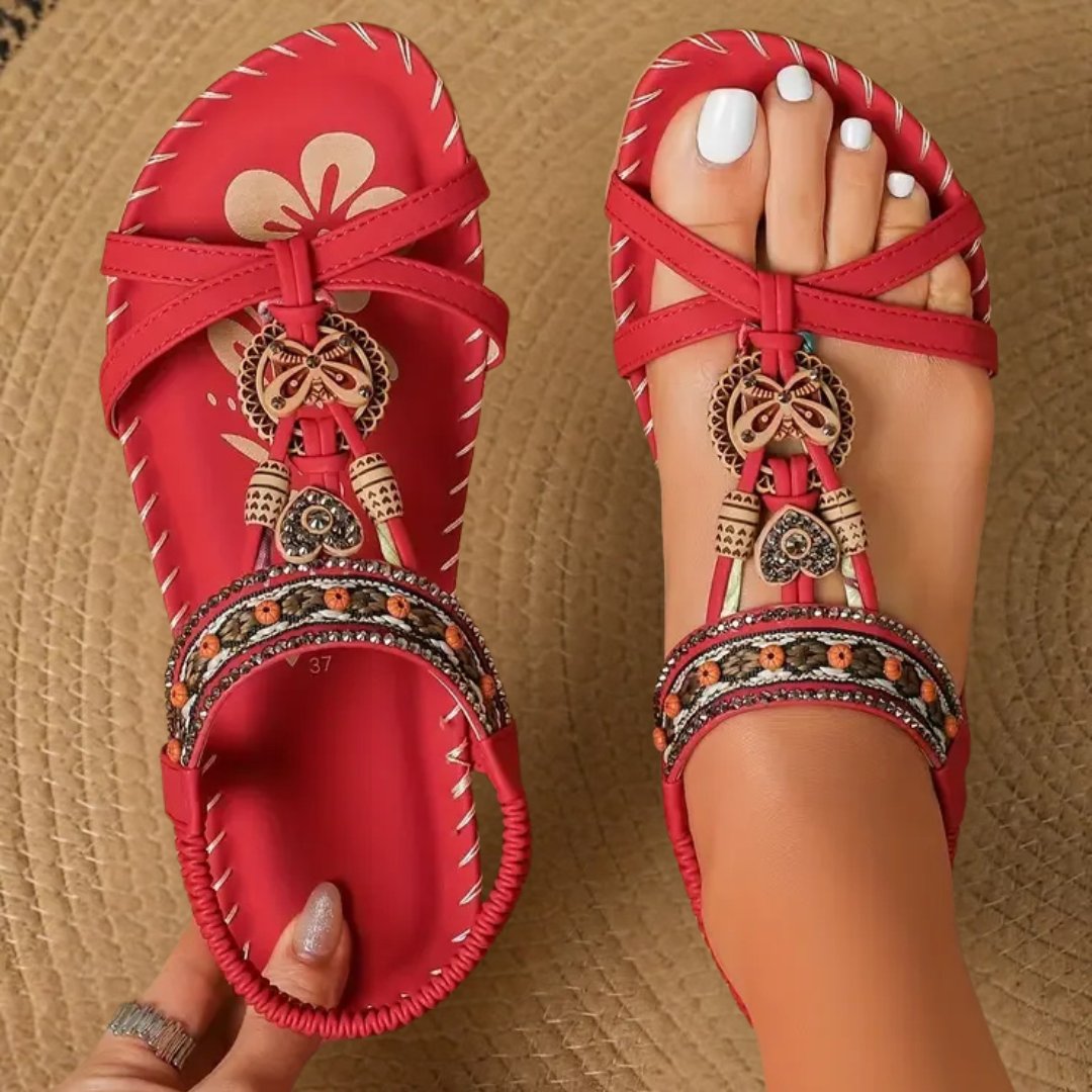 Damen Flache Boho T-Strap Sandalen Perlen Elastischer Fersenriemen - Red