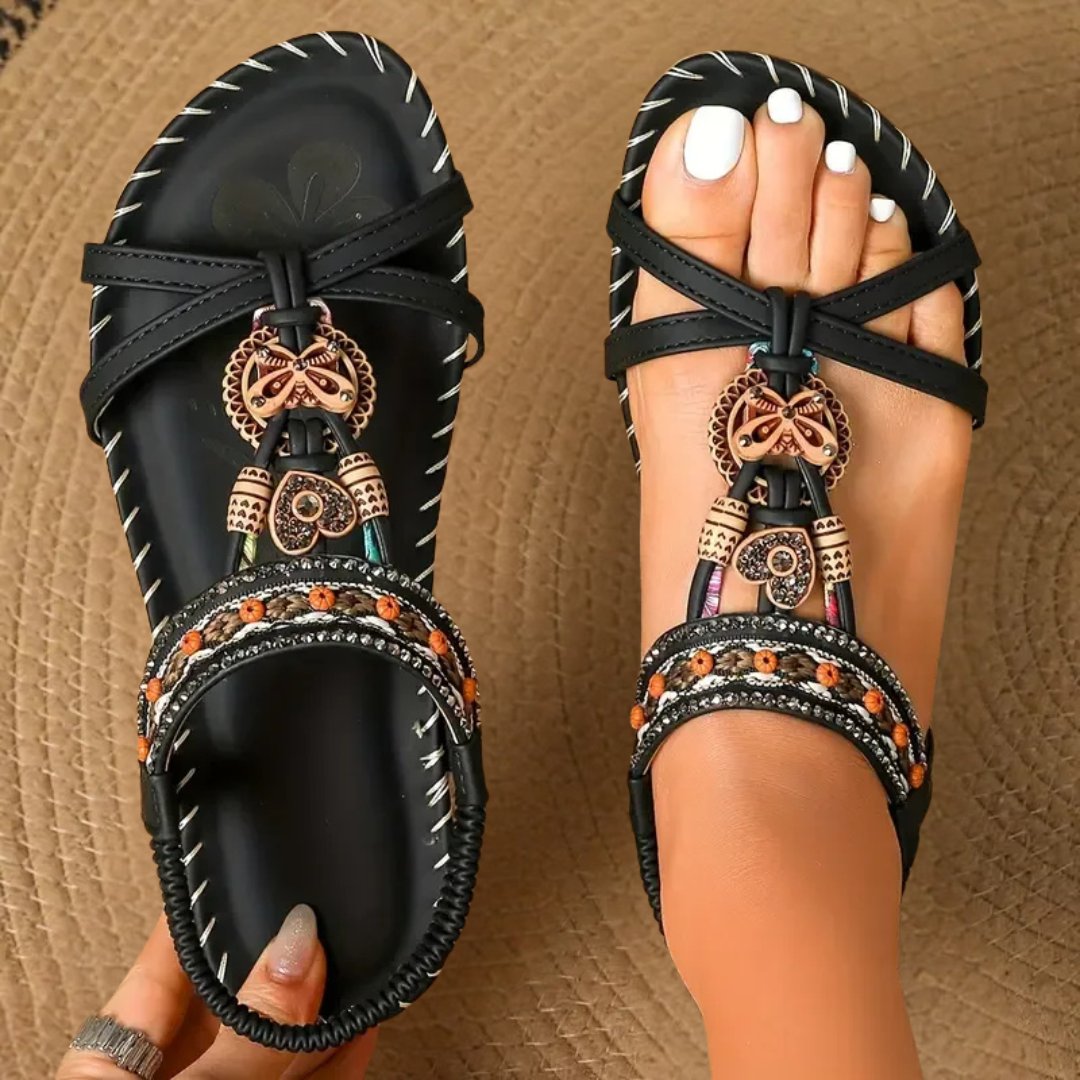 Damen Flache Boho T-Strap Sandalen Perlen Elastischer Fersenriemen - Black