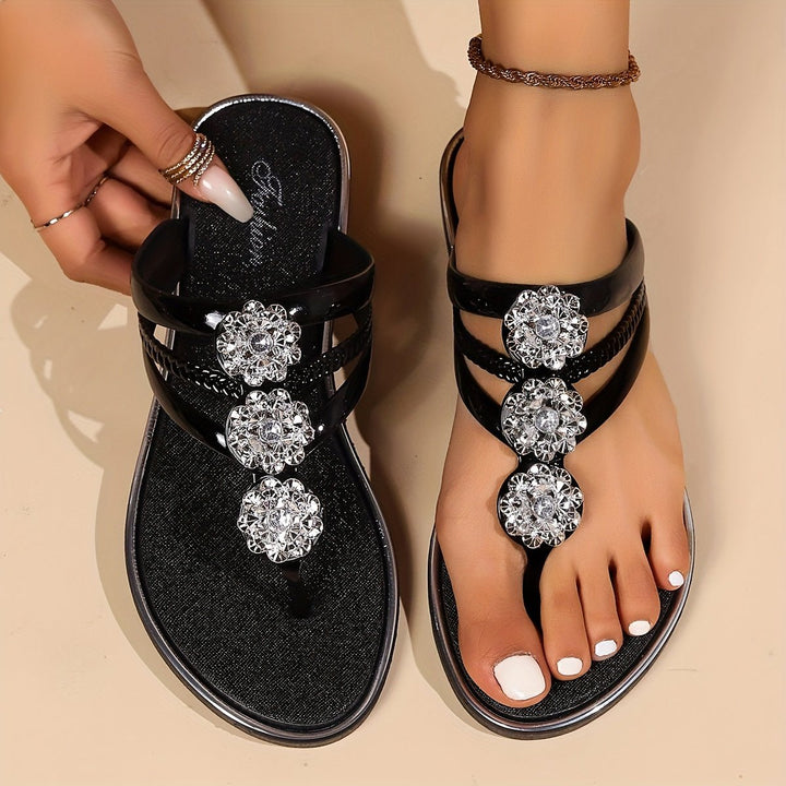 Damen Flache Sandalen T-Riemen Strass Zehentrenner - Black
