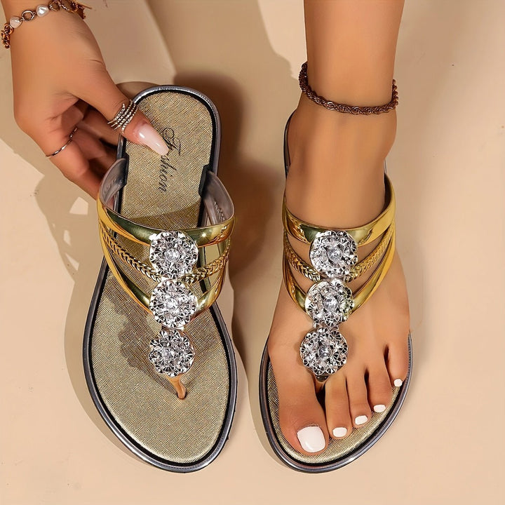 Damen Flache Sandalen T-Riemen Strass Zehentrenner - Gold