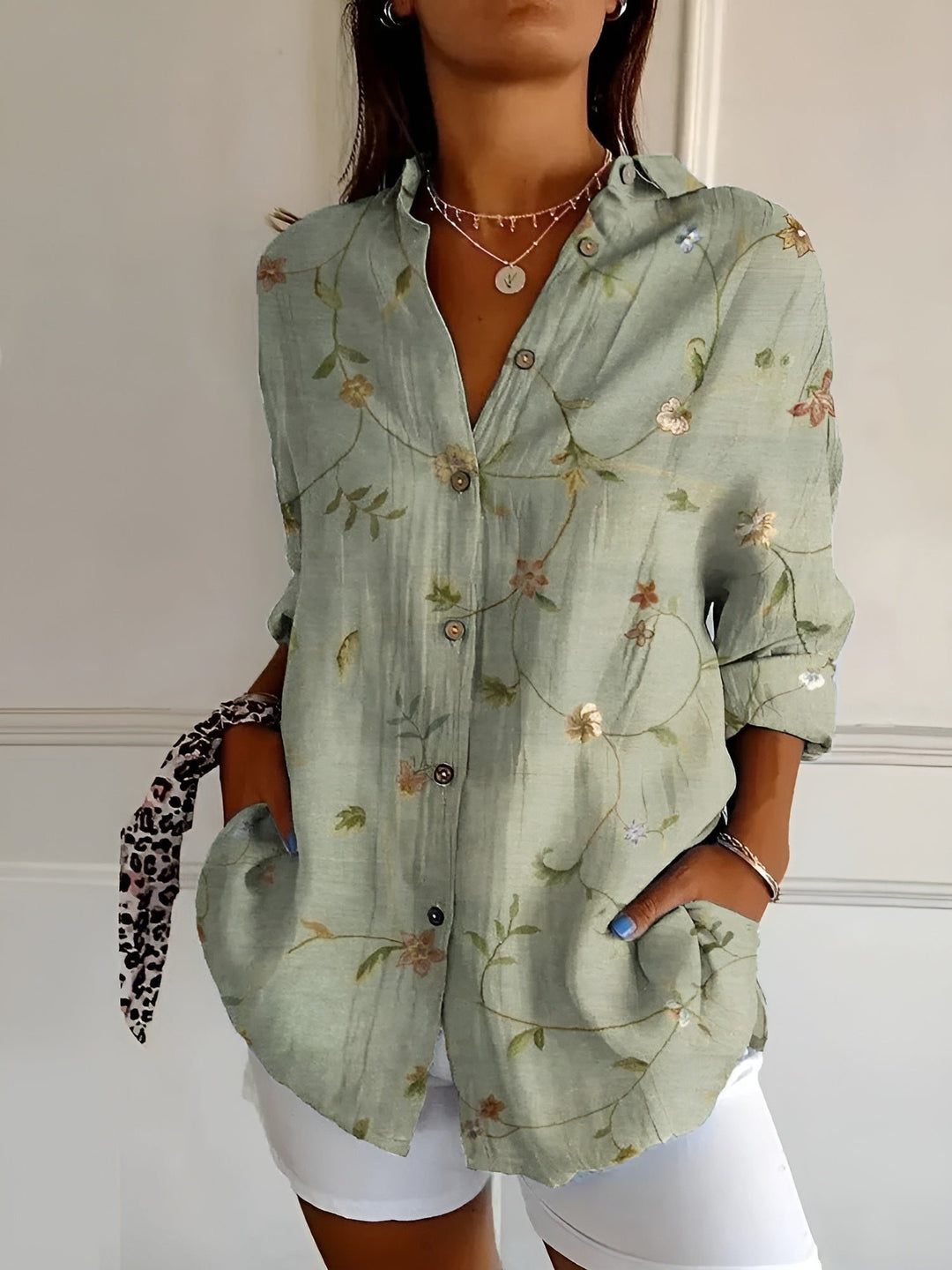 Damen Geblümte Leichte Langarm-Bluse mit Knopfleiste - Green