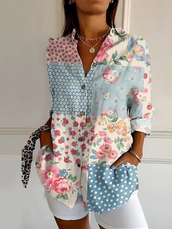 Damen Geblümte Leichte Langarm-Bluse mit Knopfleiste - Blue Flower