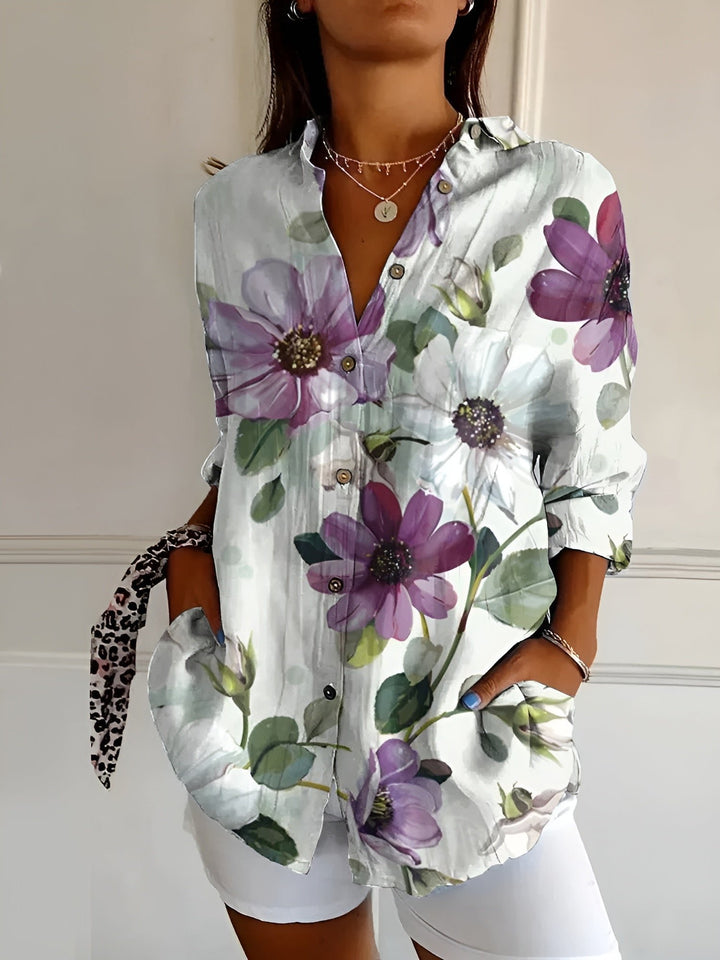 Damen Geblümte Leichte Langarm-Bluse mit Knopfleiste - Purple Flowers