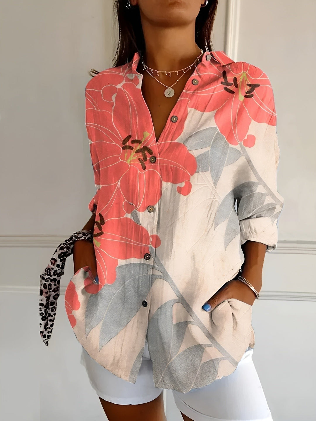 Damen Geblümte Leichte Langarm-Bluse mit Knopfleiste - Orange Flower