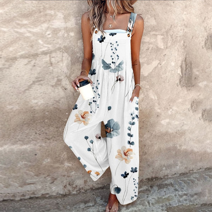 Damen Geblümter Latzhosen-Jumpsuit Weites Bein Ärmellos - White