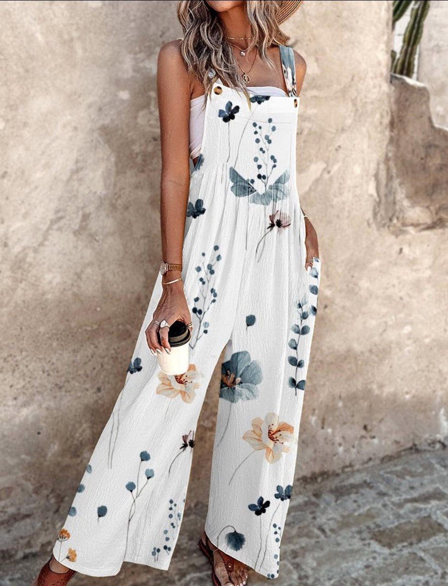 Damen Geblümter Latzhosen-Jumpsuit Weites Bein Ärmellos