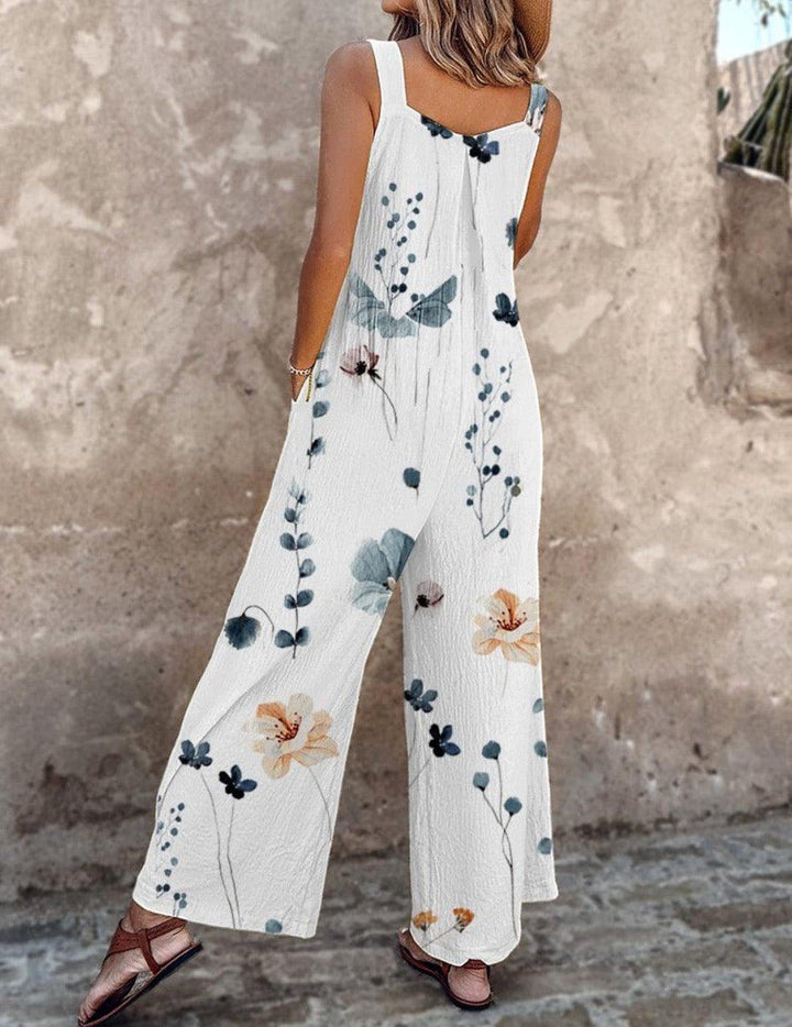 Damen Geblümter Latzhosen-Jumpsuit Weites Bein Ärmellos