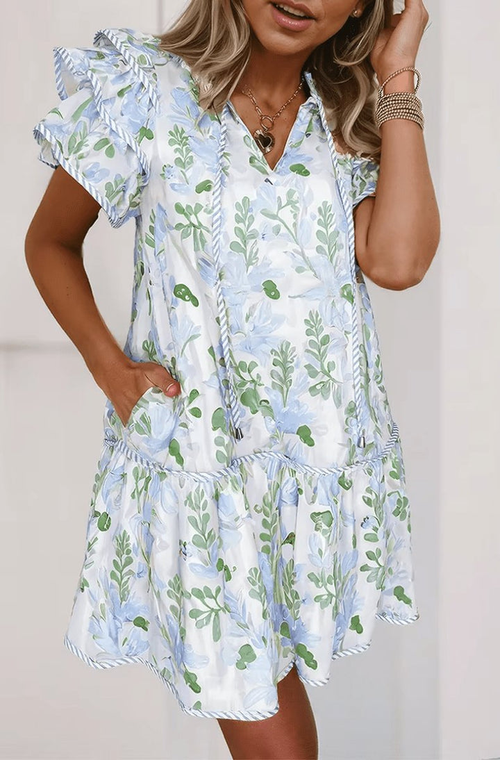 Damen Geblümtes Kurzarm-Minikleid mit Rüschen und V-Ausschnitt - Blue