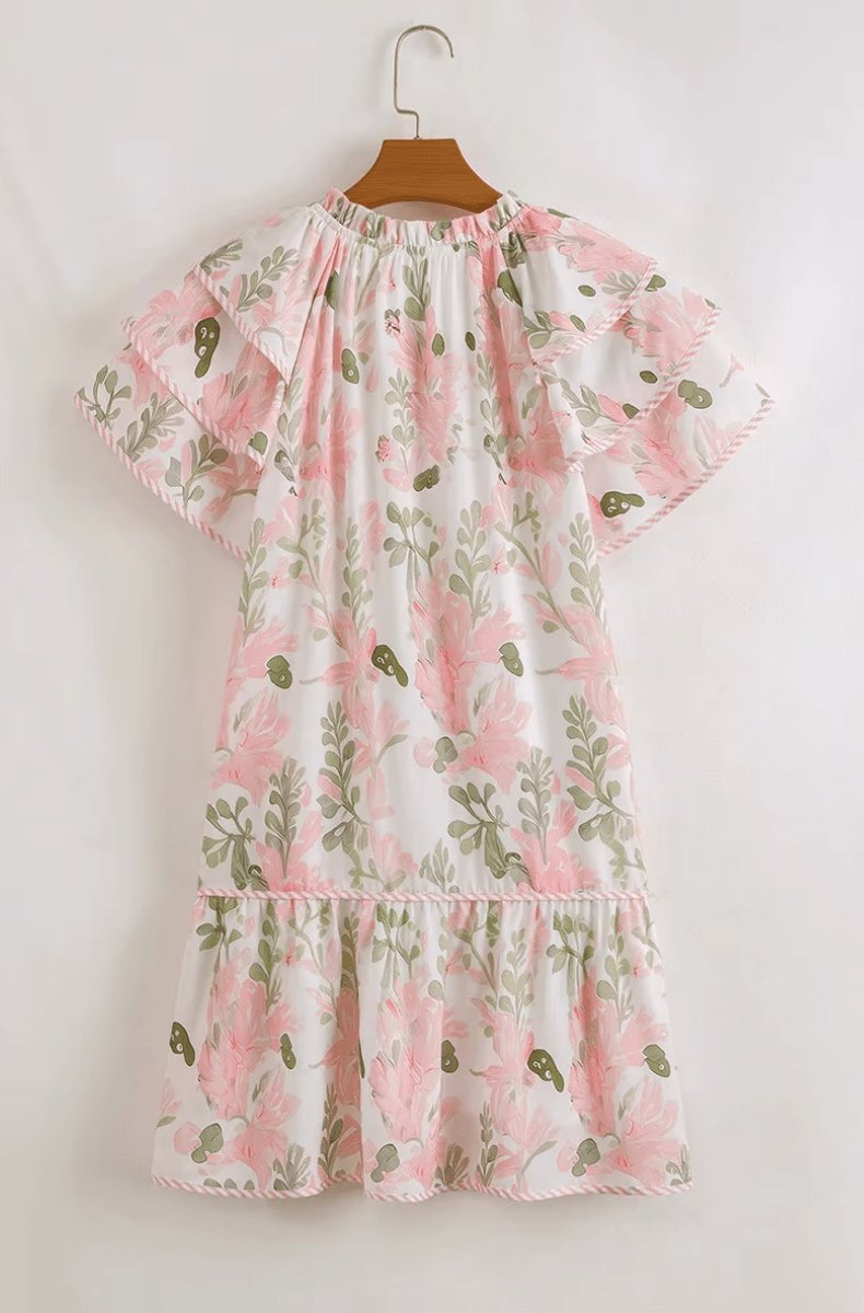 Damen Geblümtes Kurzarm-Minikleid mit Rüschen und V-Ausschnitt