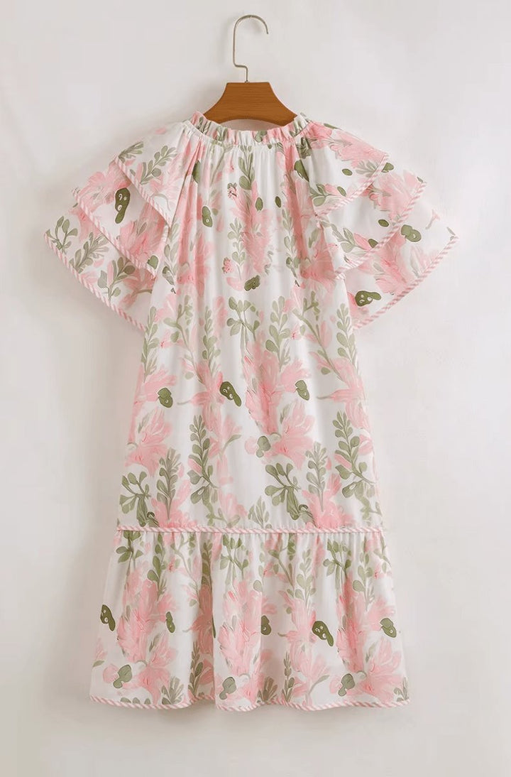 Damen Geblümtes Kurzarm-Minikleid mit Rüschen und V-Ausschnitt
