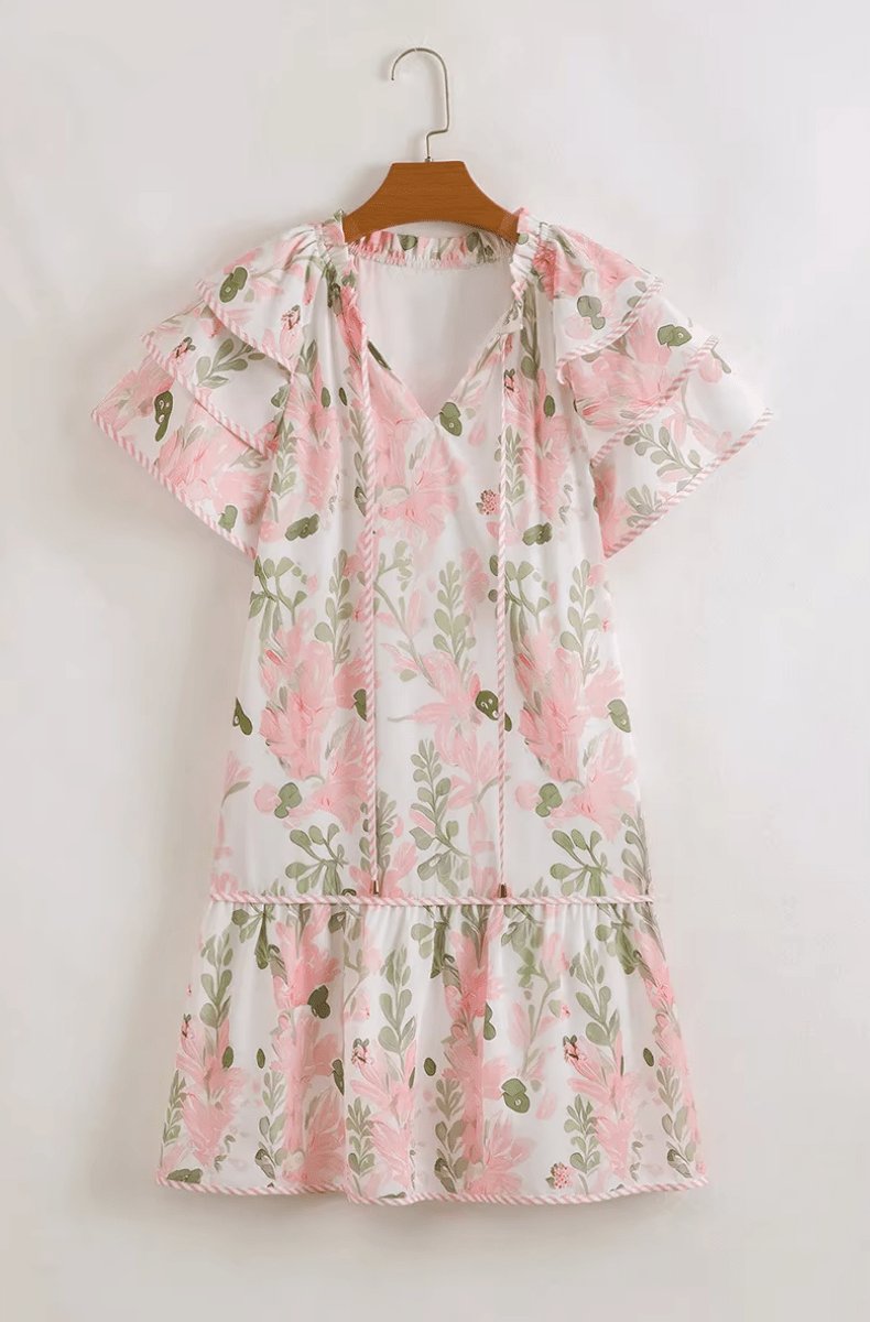 Damen Geblümtes Kurzarm-Minikleid mit Rüschen und V-Ausschnitt