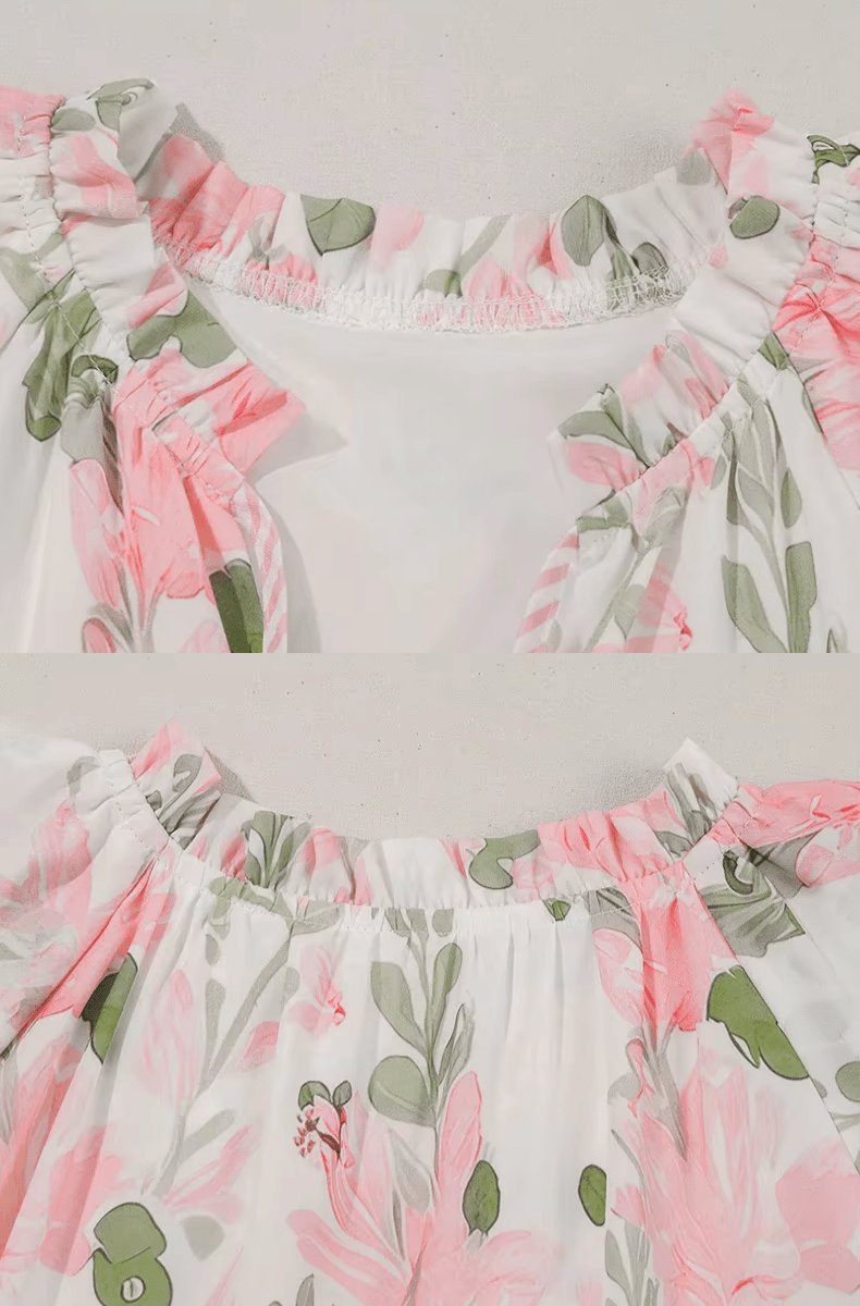 Damen Geblümtes Kurzarm-Minikleid mit Rüschen und V-Ausschnitt