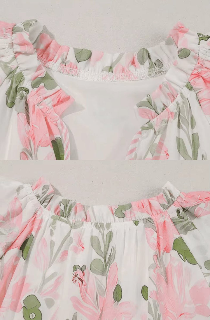 Damen Geblümtes Kurzarm-Minikleid mit Rüschen und V-Ausschnitt