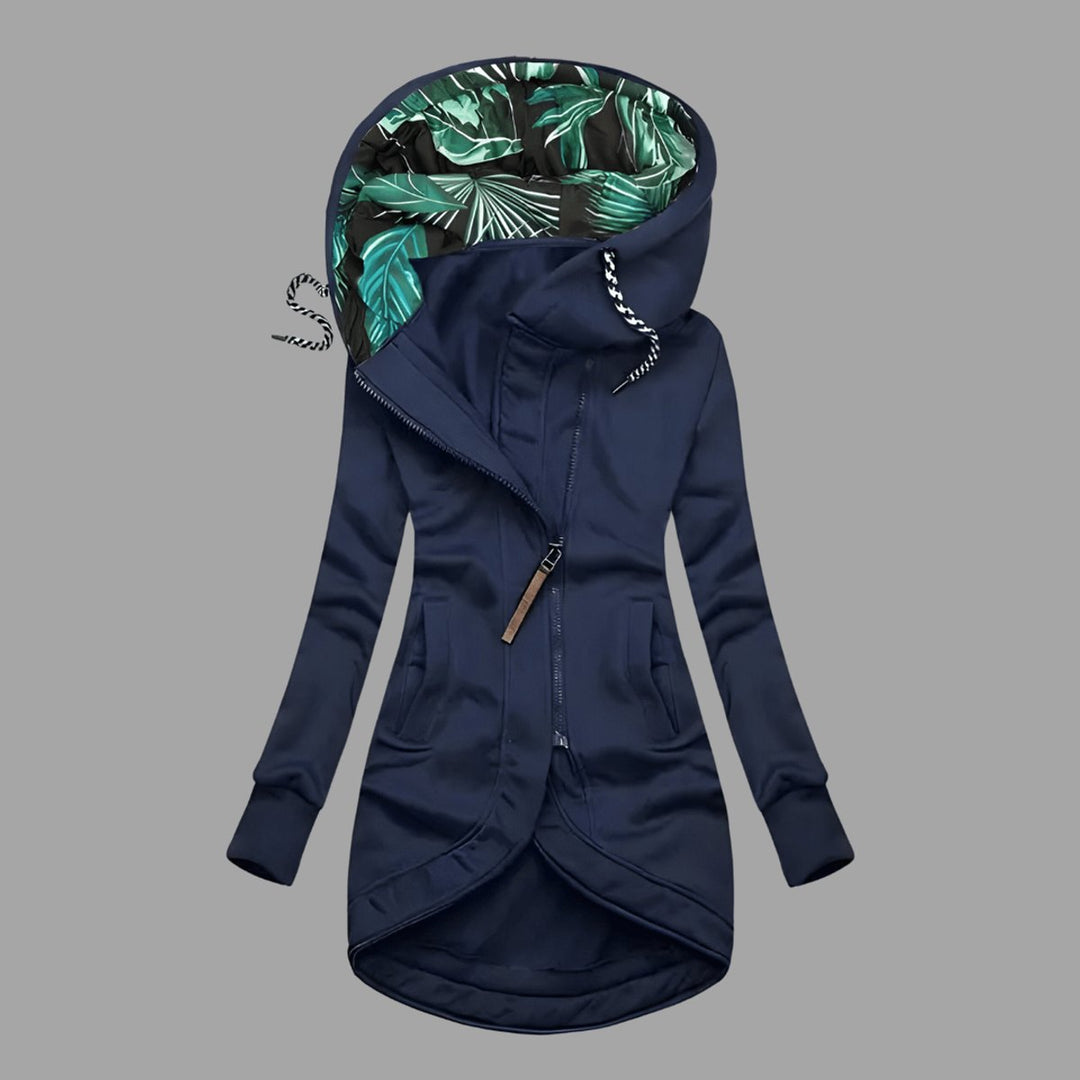 Damen Gefütterte Kapuzenjacke mit Reißverschluss Langer Windschutz - Marineblau