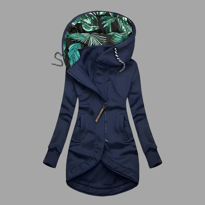 Damen Gefütterte Kapuzenjacke mit Reißverschluss Langer Windschutz - Marineblau