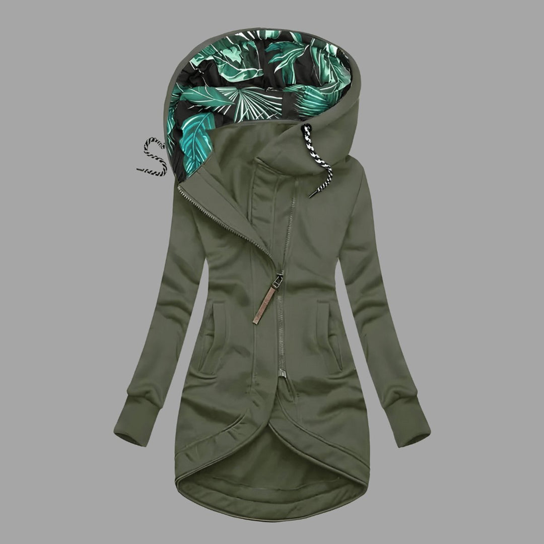 Damen Gefütterte Kapuzenjacke mit Reißverschluss Langer Windschutz - Grün