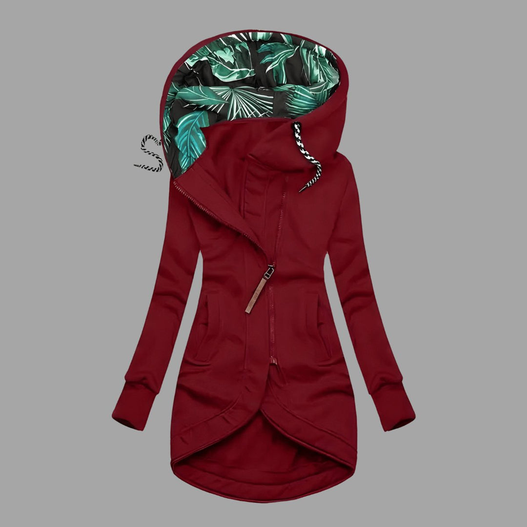 Damen Gefütterte Kapuzenjacke mit Reißverschluss Langer Windschutz - Rot