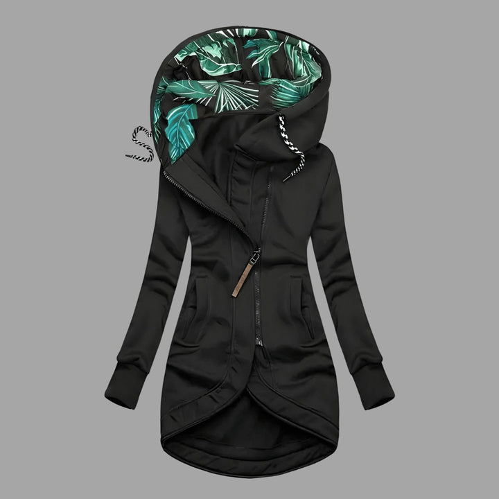 Damen Gefütterte Kapuzenjacke mit Reißverschluss Langer Windschutz - Schwarz