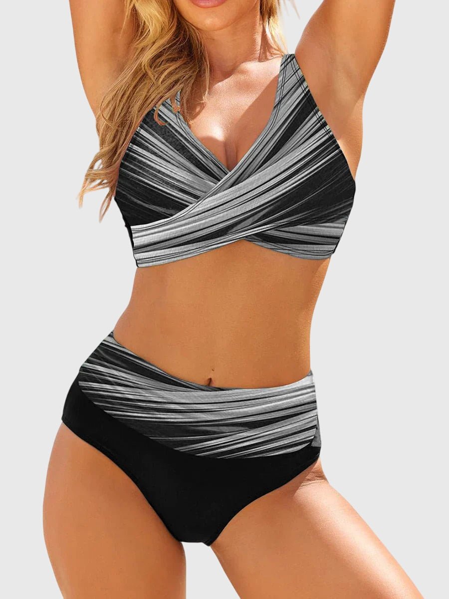 Damen Geometrisch Gestreifter Zweiteiler Bikini Schnelltrocknend - Grijs