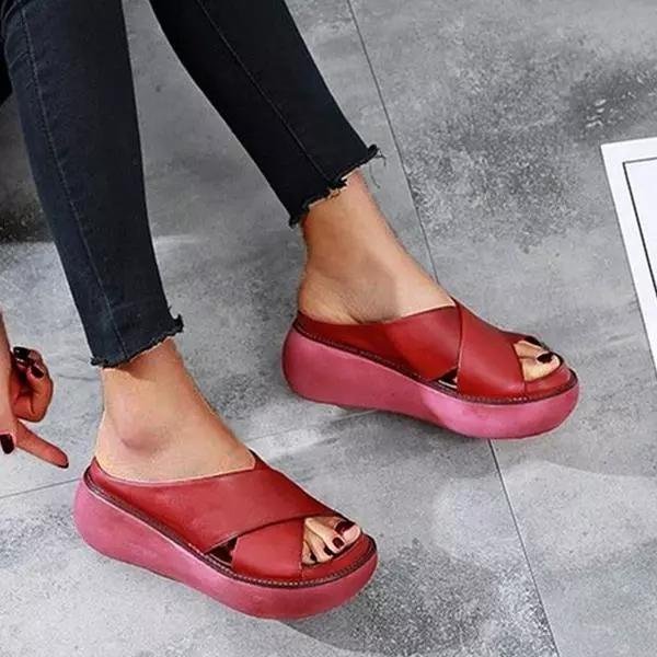 Damen Gepolsterte Flache Sandalen Kreuzriemen - Red