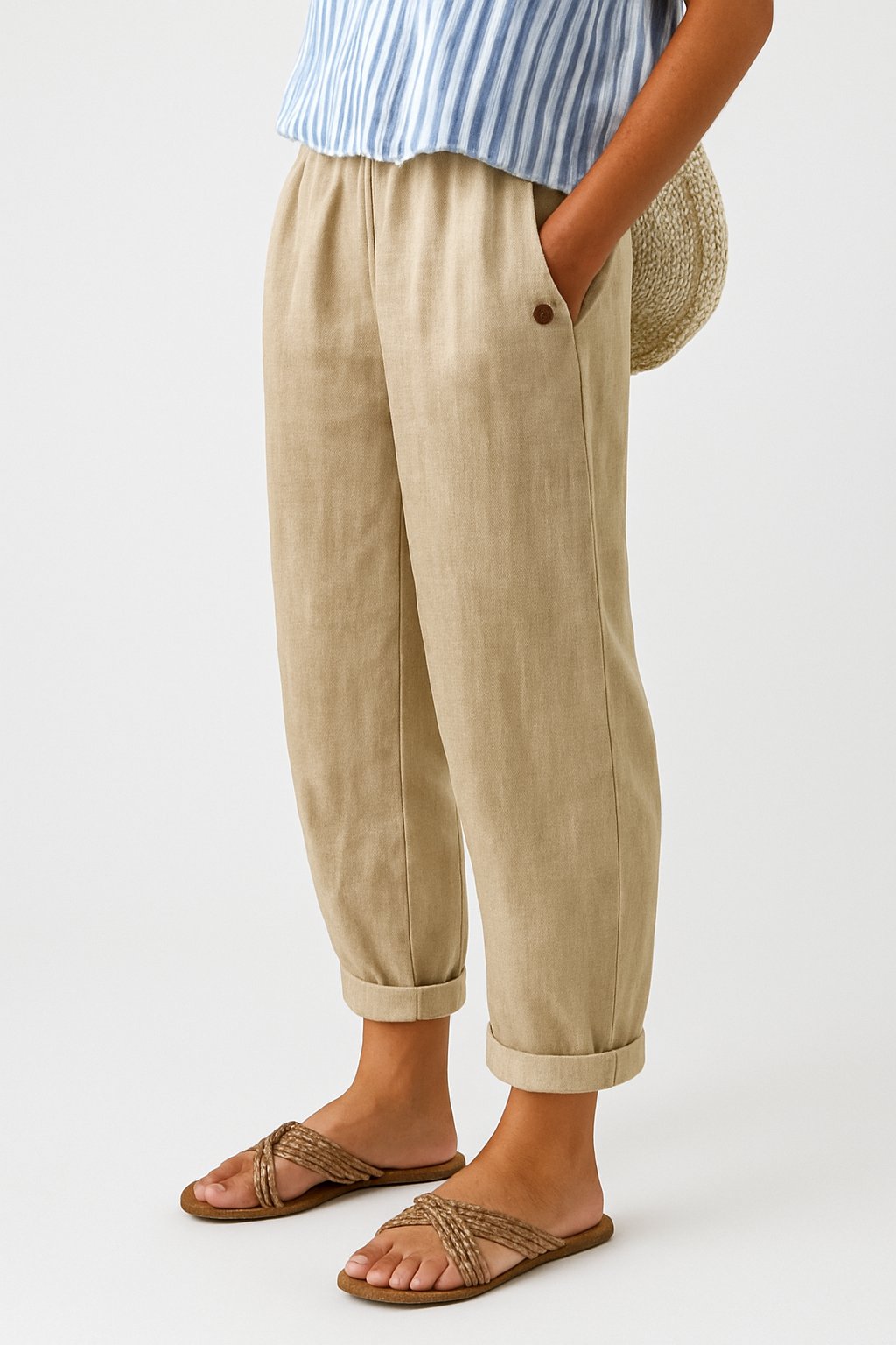 Damen Gerade Geschnittene Leinenhose mit Seitentaschen - Beige