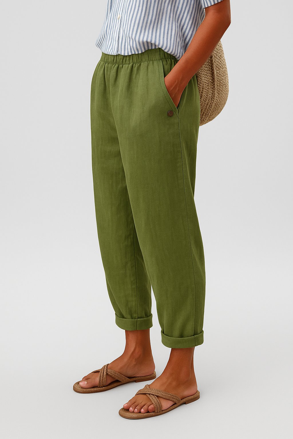Damen Gerade Geschnittene Leinenhose mit Seitentaschen - Green