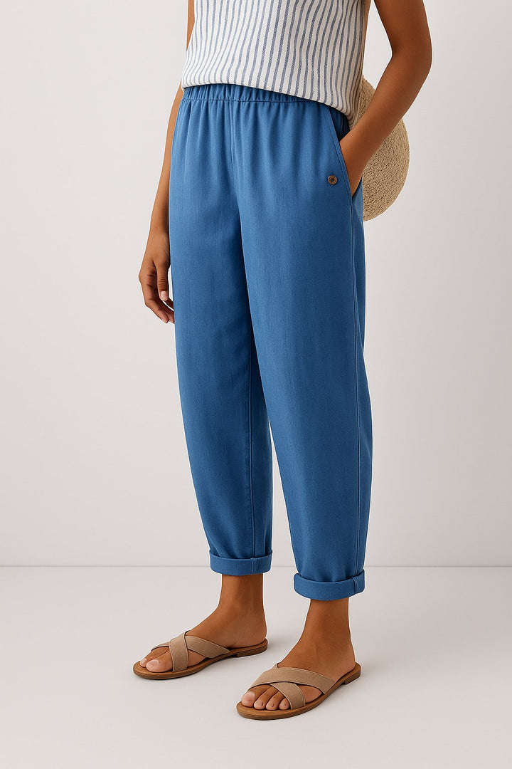 Damen Gerade Geschnittene Leinenhose mit Seitentaschen - Blue