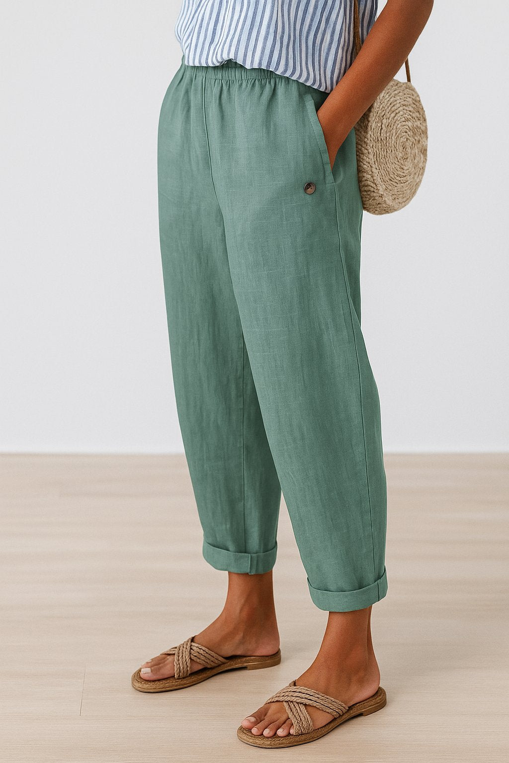 Damen Gerade Geschnittene Leinenhose mit Seitentaschen - Light Green