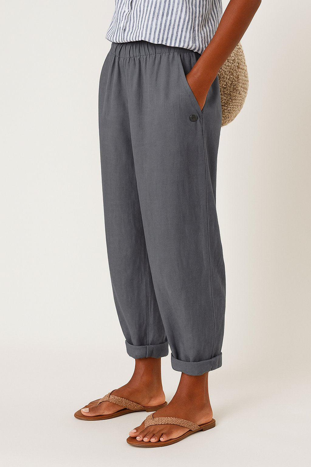 Damen Gerade Geschnittene Leinenhose mit Seitentaschen - Gray