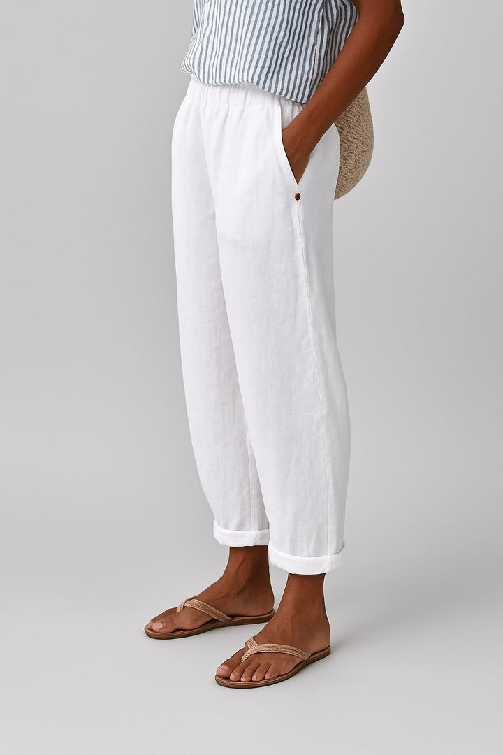 Damen Gerade Geschnittene Leinenhose mit Seitentaschen - White