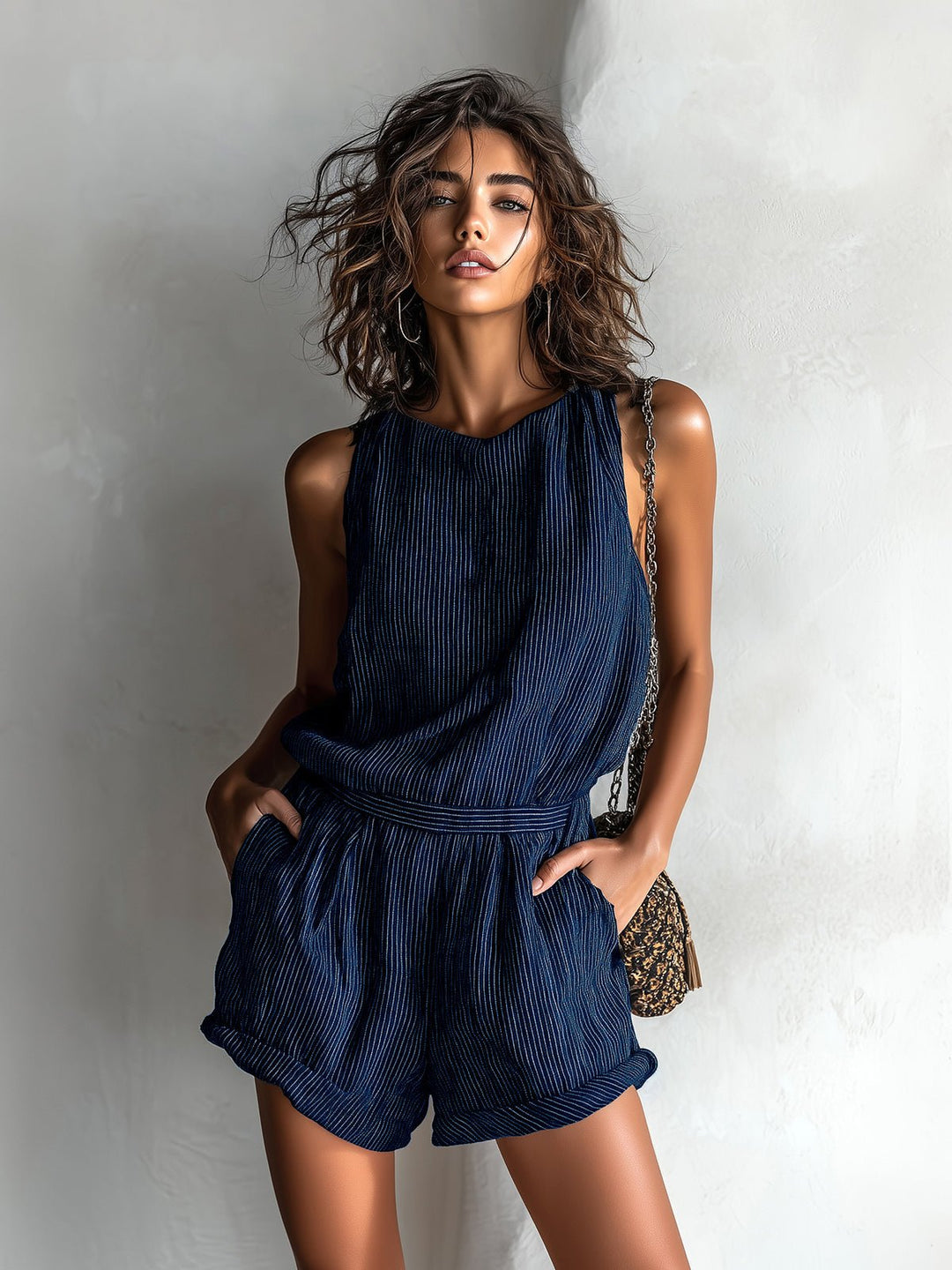 Damen Gestreifter Leinen-Mix Ärmellos Jumpsuit