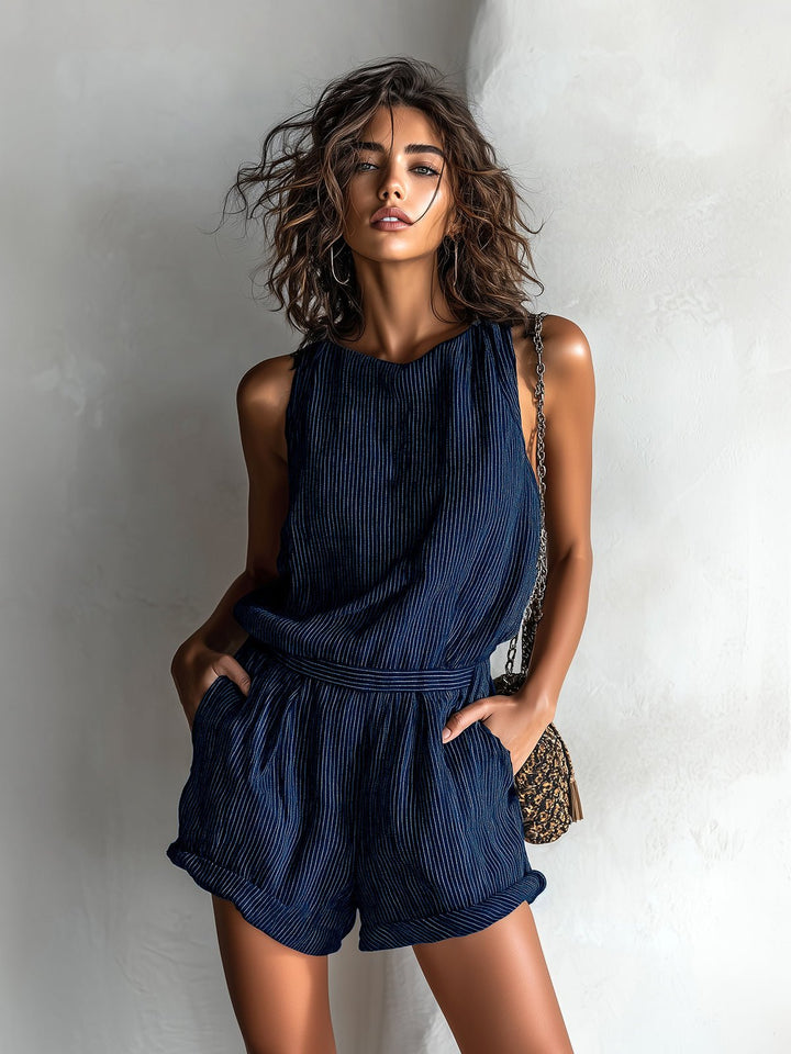 Damen Gestreifter Leinen-Mix Ärmellos Jumpsuit