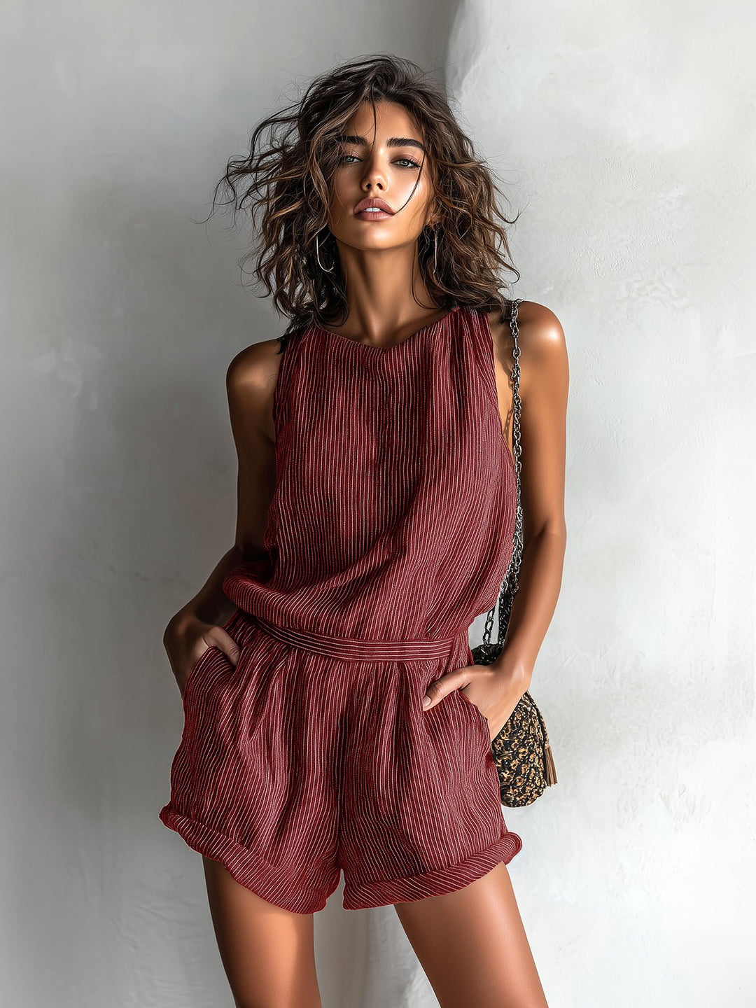 Damen Gestreifter Leinen-Mix Ärmellos Jumpsuit