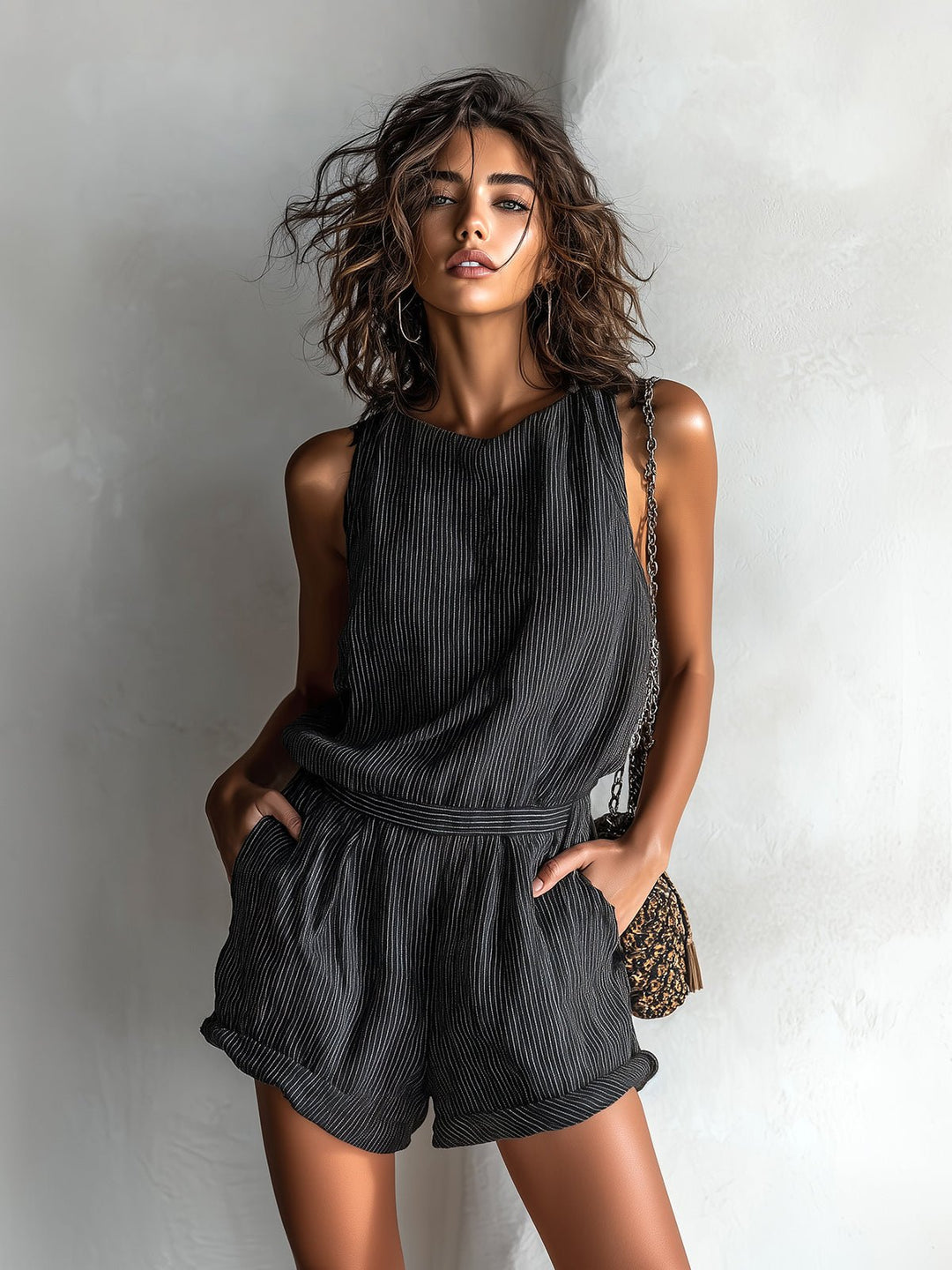 Damen Gestreifter Leinen-Mix Ärmellos Jumpsuit