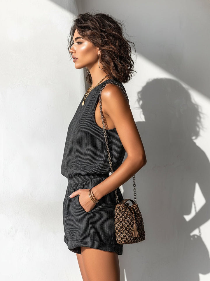 Damen Gestreifter Leinen-Mix Ärmellos Jumpsuit