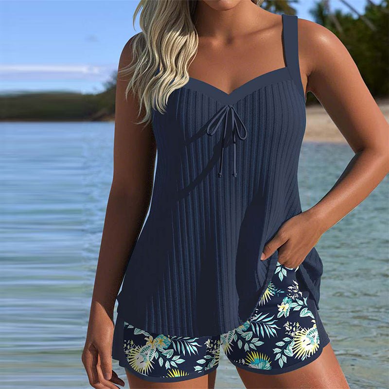 Damen Gestreifter Tankini Two-Piece Set mit Badeshorts - Navy Blue
