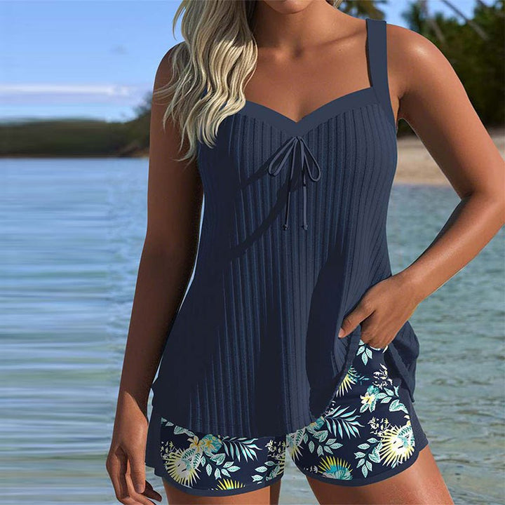 Damen Gestreifter Tankini Two-Piece Set mit Badeshorts - Navy Blue