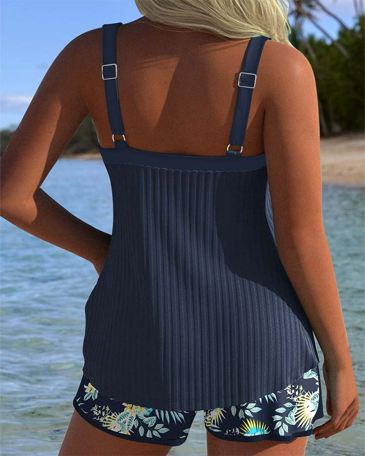 Damen Gestreifter Tankini Two-Piece Set mit Badeshorts
