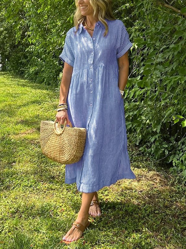 Damen Gestreiftes Kurzarm Midi-Shirtkleid - Blauw