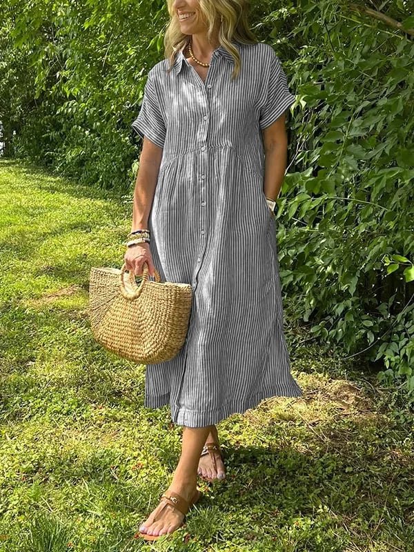 Damen Gestreiftes Kurzarm Midi-Shirtkleid - Grijs