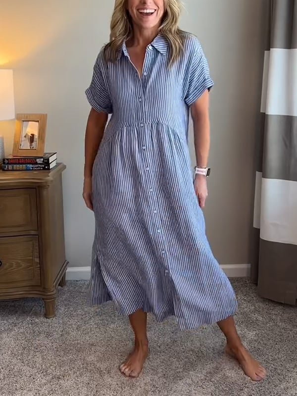 Damen Gestreiftes Kurzarm Midi-Shirtkleid