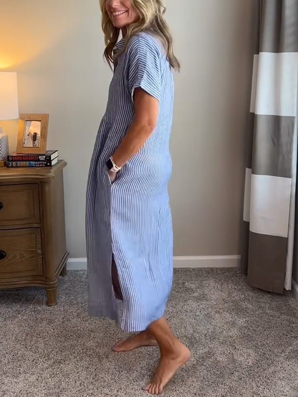 Damen Gestreiftes Kurzarm Midi-Shirtkleid