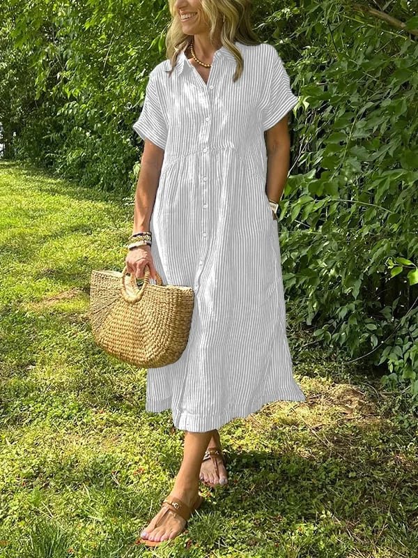 Damen Gestreiftes Kurzarm Midi-Shirtkleid - Wit